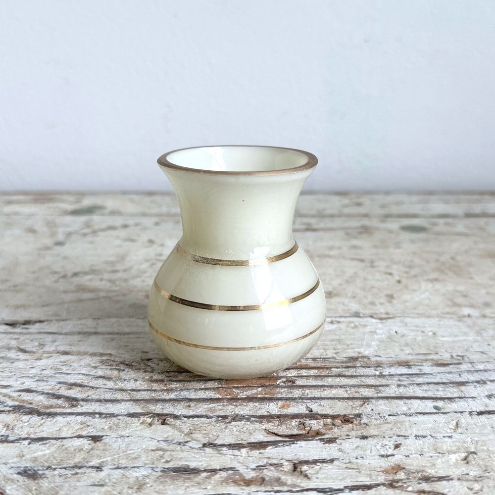 Vintage Miniature Cream Glass Bud Vase Gold Banded Trim Small